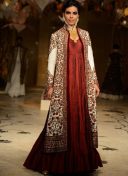 fascinating Maroon Wedding Gown with Off-White Floral Embroidered Jacket at Zikimo
