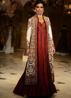 fascinating Maroon Wedding Gown with Off-White Floral Embroidered Jacket at Zikimo