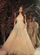 Ravishing Peach Net Wedding Gown with Zari Embroidery at Zikimo