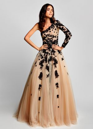 Marvelous Beige & Black Beautiful Party Wear Net Gown At Zikimo