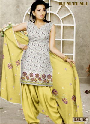 Ivory and CornYellow 102 Karachi Cotton Un-stitched Dress Material At Zikimo
