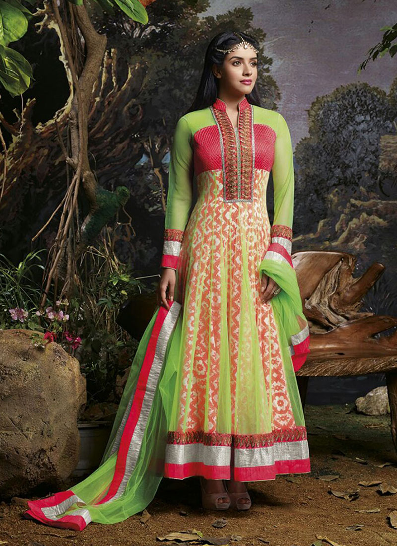 Asin Red and ParrotGreen 3032 Party Wear Georgette Aanarkali Suit at Zikimo