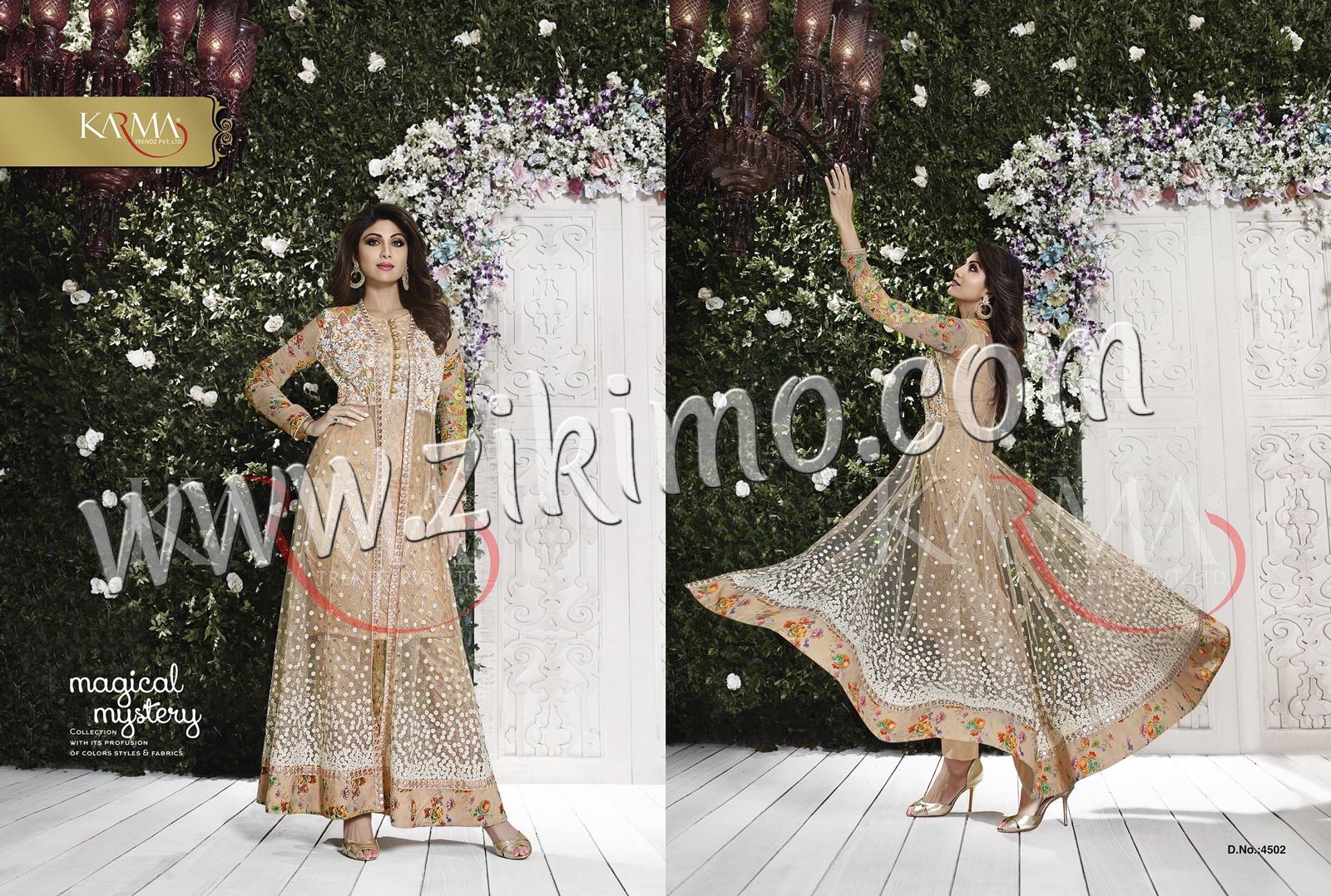 Karma 4502 Designer Party Wear Shilpa Shetty Beige Raw Silk Embroidered Anarkali Pants Suit at Zikimo