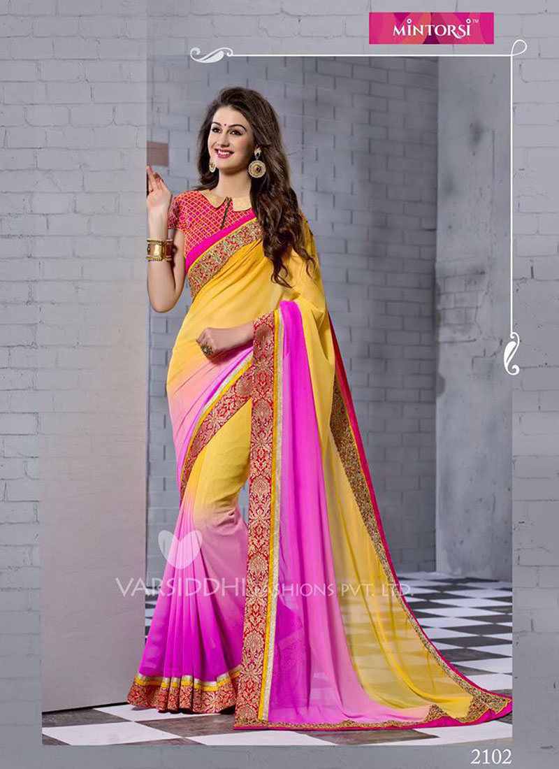 Mintorsi KalaSutra Yellow and Dark Magenta  2102 Wedding Wear Georgette Saree at Zikimo