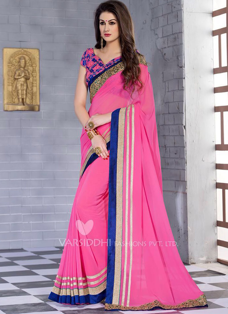 Mintorsi KalaSutra Deep Pink and Navy Blue 2103 Wedding Wear Georgette Saree at Zikimo