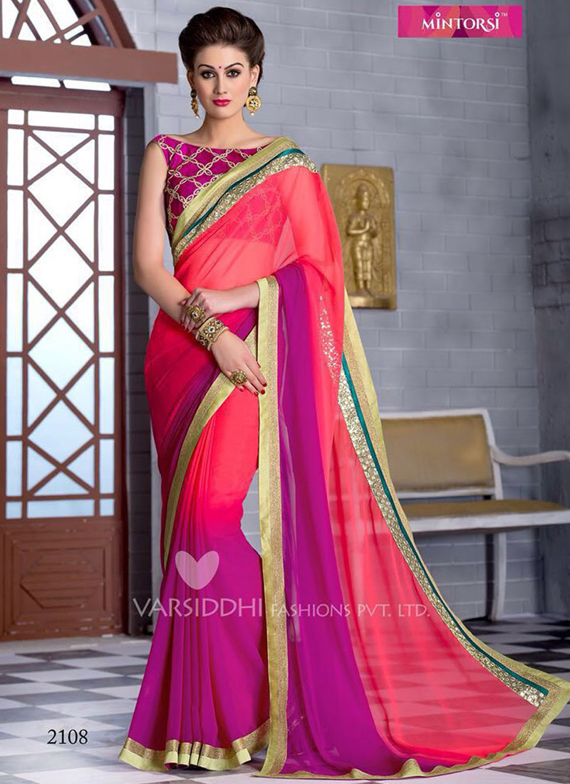 Mintorsi KalaSutra Salmon Red and Dark Magenta  2108 Wedding Wear Georgette Saree at Zikimo