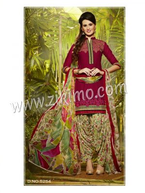 CrimsonRed and Beige 5254 Designer Embroidered Pure Cotton Un-stitched Party Wear Patiala Suit at ZIKIMO