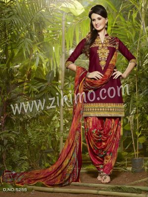 Maroon and Red 5255 Designer Embroidered Pure Cotton Un-stitched Party Wear Patiala Suit at ZIKIMO