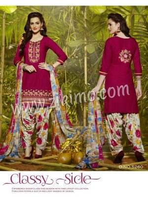 DarkMagenta and Multicolor 5260 Designer Embroidered Pure Cotton Un-stitched Party Wear Patiala Suit at ZIKIMO