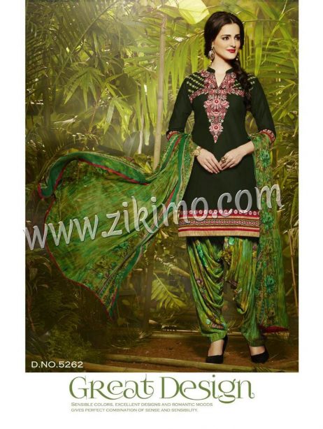 ArmyGreen and Green 5262 Designer Embroidered Pure Cotton Un-stitched Party Wear Patiala Suit at ZIKIMO