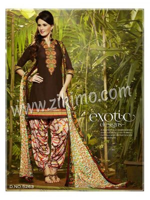 CoffeeBrown and Multicolor 5263 Designer Embroidered Pure Cotton Un-stitched Party Wear Patiala Suit at ZIKIMO