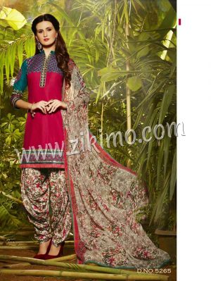 DarkPink and Biege 5265 Designer Embroidered Pure Cotton Un-stitched Party Wear Patiala Suit at ZIKIMO