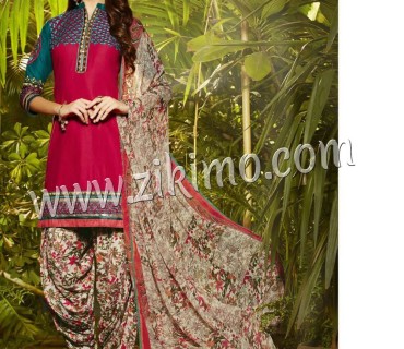 DarkPink and Biege 5265 Designer Embroidered Pure Cotton Un-stitched Party Wear Patiala Suit at ZIKIMO