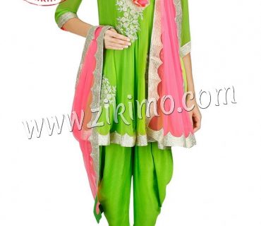Zikimo Parrot Green Dhoti Style Punjabi Salwar Kamees With Pink Dupatta