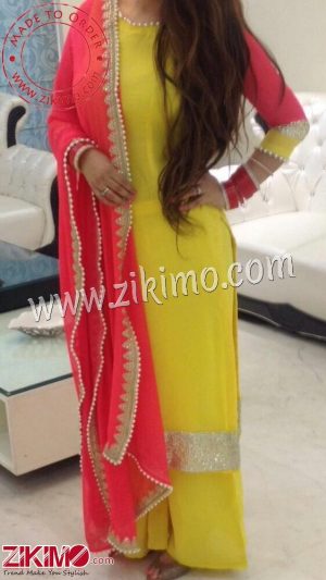 Zikimo Yellow Georgette Palazzo Suit with Pink Dupatta