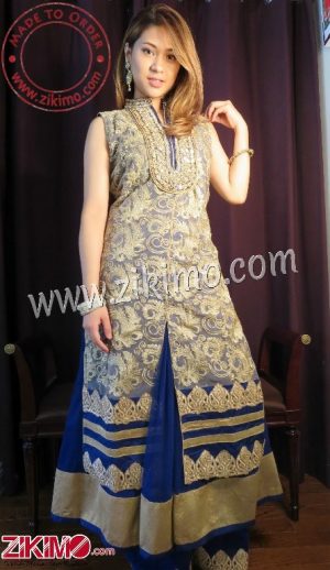 Zikimo Blue Net and Golden Embroidery Palazzo Party Wear Suit