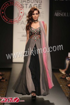 Zikimo Black Floral Georgette Anarkali Suit And Grey Pink Dupatta