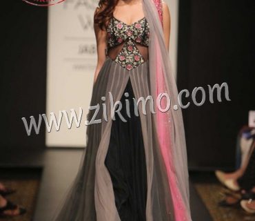 Zikimo Black Floral Georgette Anarkali Suit And Grey Pink Dupatta