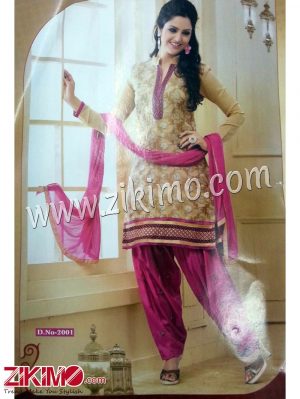 Zikimo 2001Beige and Pink Daily Wear Un-stitched Daily Wear Patiyala Suit