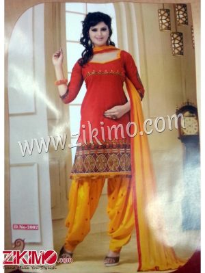 Zikimo 2002Red and Yellow Daily Wear Un-stitched Daily Wear Patiyala Suit