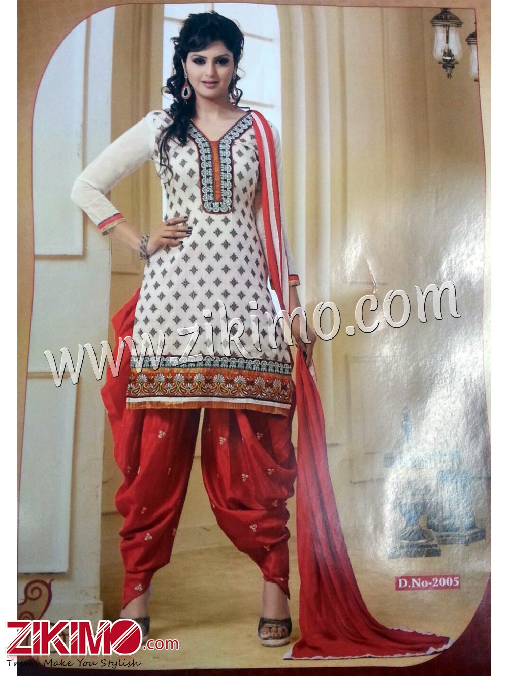 Zikimo 2005Cream and Red Daily Wear Un-stitched Daily Wear Patiyala Suit