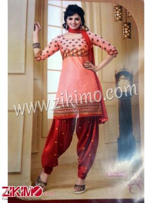 Zikimo 2007LightPink and Red Daily Wear Un-stitched Daily Wear Patiyala Suit