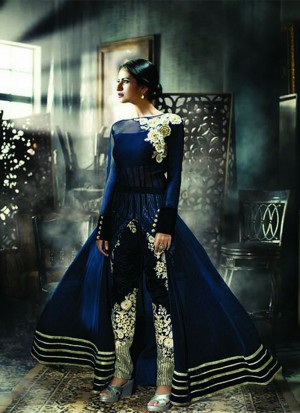 Rama Navy Blue A9027 Embroidered Net Suit with Velvet Bottom at Zikimo