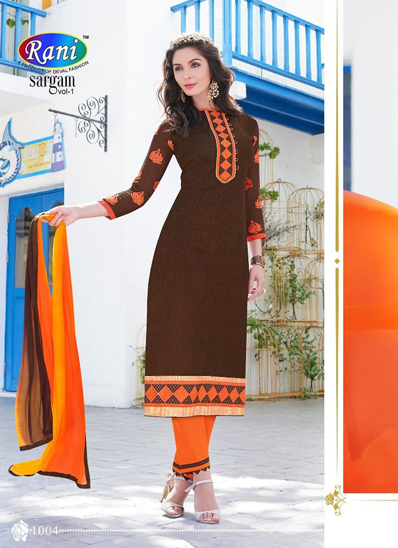 ChocolateBrown and Orange 1004 Daily Wear Un-stitched Cotton Straight Suit at zikimo