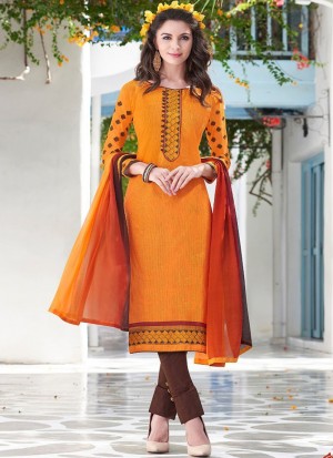 Turmeric Yellow and Chocolate Brown1013 Daily Wear Un-stitched Cotton Straight Suit at zikimo
