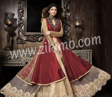 Zikimo Karma Shilpa Shetti Embroidered Flared Party Wear Maroon Bhagalpuri Semi Stitched Suits 1 Zikimo Karma Shilpa Shetti Embroidered Flared Party Wear Maroon Bhagalpuri Semi Stitched Suits
