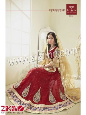 Zikimo Triveni82002CornellRed and Beige Party Wear Net Embroidery Dupatta Semi-stitched Party Wear Lehanga Choli