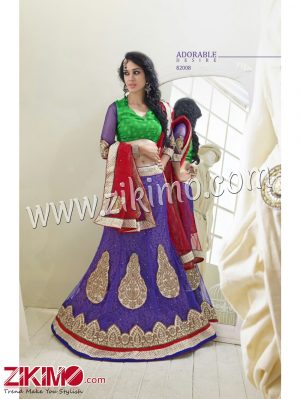 Zikimo Triveni82008 Purple and Green Party Wear Net Embroidery Dupatta Semi-stitched Party Wear Lehanga Choli