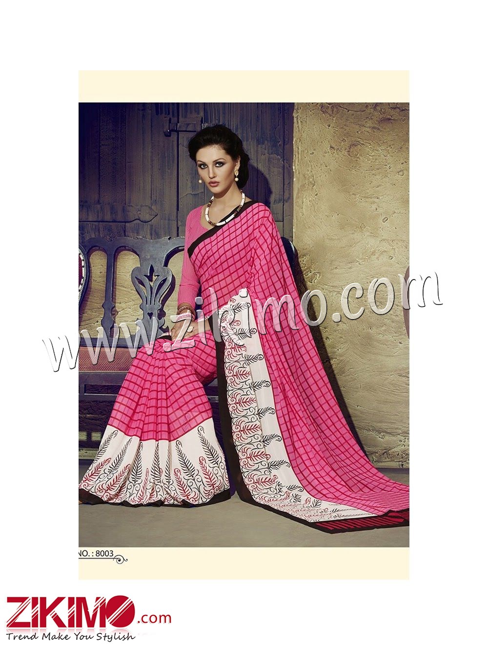 Zikimo Zara8003 BrightPink and Ivory Daily Wear Designer Chiffon Saree