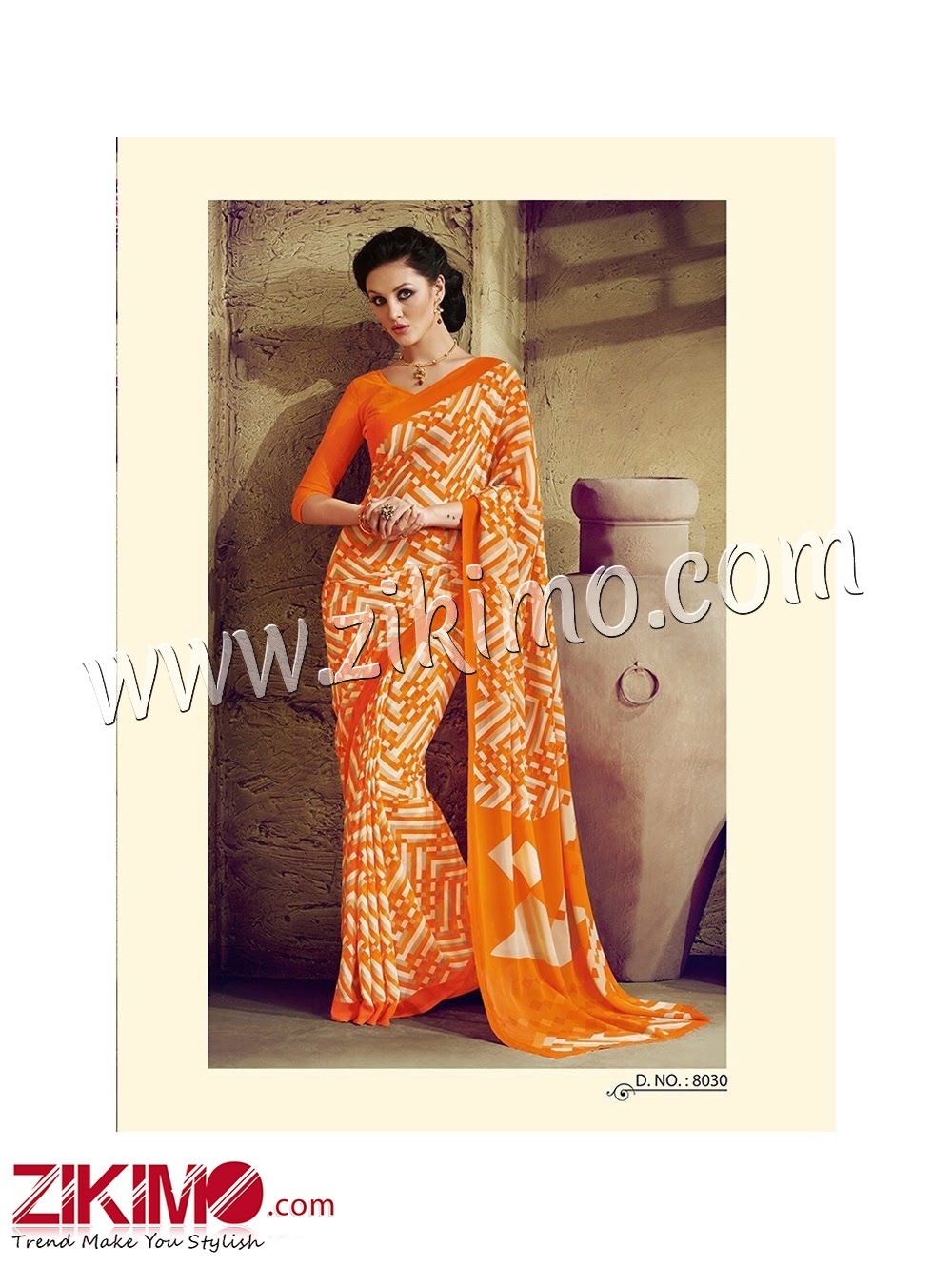 Zikimo Zara8027 Orange and Ivory Daily Wear Designer Chiffon Saree
