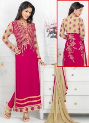 HEENA KHAN PINK GEORGETTE EMBROIDERY STRAIGHT SUIT AT ZIKIMO