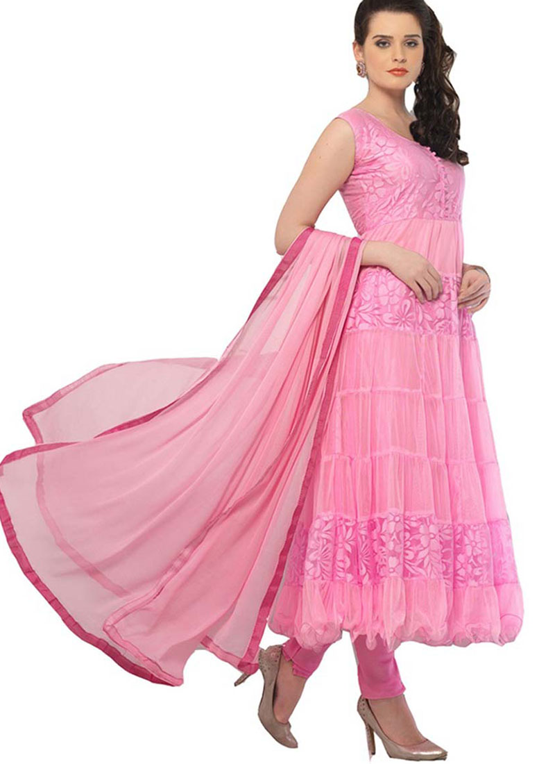 Georgette and brasso 1077 Self Design Semi-stitched Light PInk Salwar Suit at ZIKimo