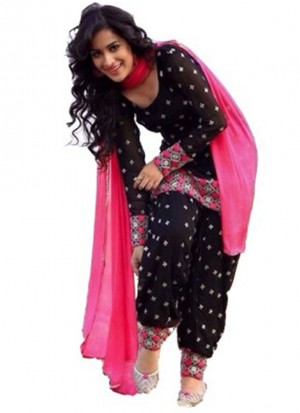 Black Cotton Punjabi Salwar Kameez With Pink Dupatta at Zikimo