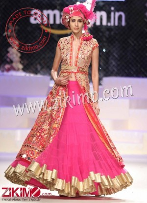Zikimo Pink Net Indian Bridal Lehenga with Achkan-Style Mirror Work Choli