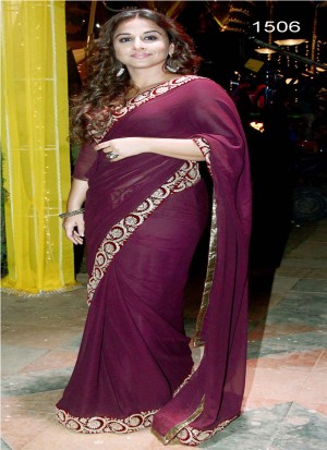 Awesome Vidya Balan 1506 Wine Color Georgette Party Wear Bollywood Saree at Zikimo