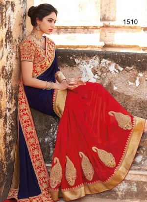 Gloryfying Red And Blue 1510 Georgette Bridal Party Wear Bollywwod Saree at Zikimo