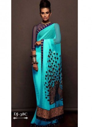 Firozi Blue1536 Georgette Peacock Embroidered Party Wear Saree at Zikimo