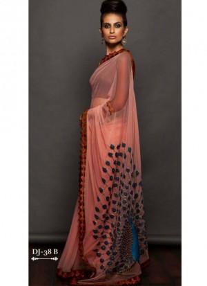 Gajri Carrot Color 1536 Georgette Peacock Embroidered Party Wear Saree at Zikimo