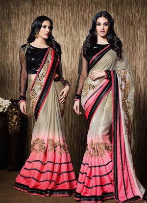 Peach Pink Color 1547 Flowy Saree With net Black Blouse At Zikimo