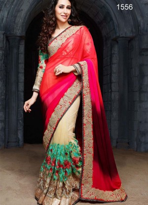 Karishma Kapoor Biege Pallu 1556 With Orange Pink Embroidered Party Wear Net Saree at Zikimo