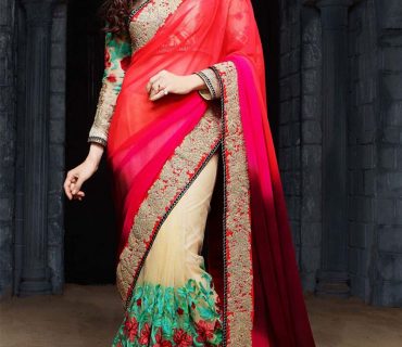 Karishma Kapoor Biege Pallu 1556 With Orange Pink Embroidered Party Wear Net Saree at Zikimo 1 Karishma Kapoor Biege Pallu 1556 With Orange Pink Embroidered Party Wear Net Saree at Zikimo