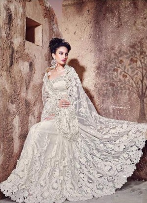 Off white 1562 Net Party Wear Saree at Zikimo