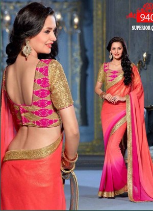 Super Quality9402 Beautiful Carrot Pink Georgette Celebrity Saree at Zikimo