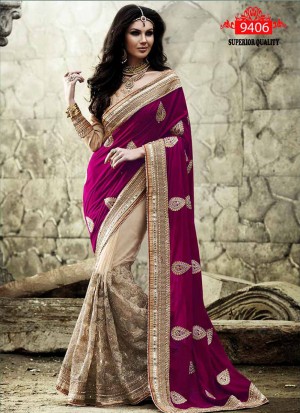 Awesome9403 Wine Net Velvet Party Wear Saree at Zikimo