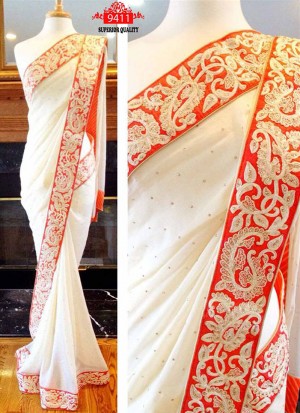 Charning 9411 White Red Party Wear Georgette saree at Zikimo