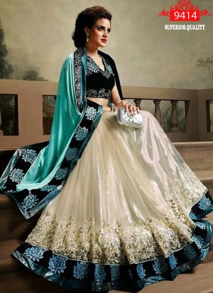 Beautiful 9414 Cream Blue Georgette Velvet Bridal Wear Bollywood Saree at Zikimo